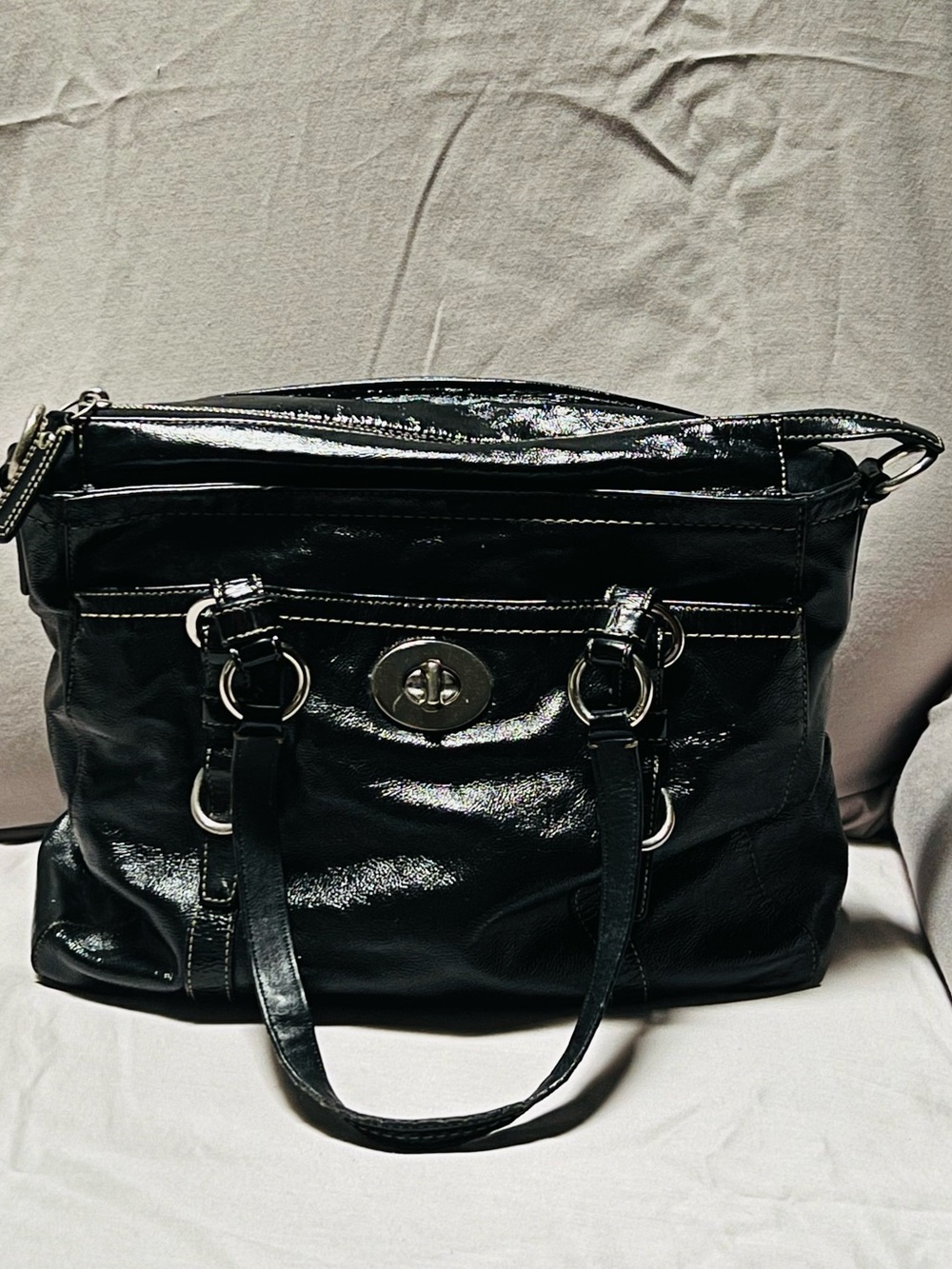 Vintage Coach Chelsea Black Patent Leather Turnlock Convertible Tote Bag F14022